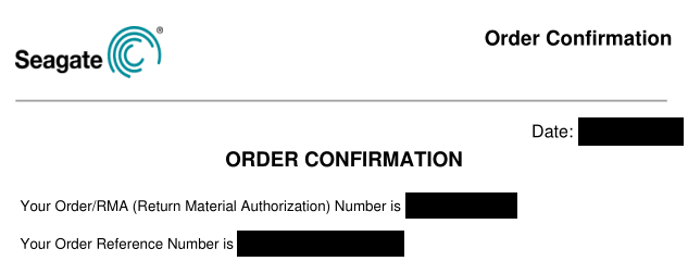 Seagate RMA 添付 PDF ファイル - ORDER CONFIRMATION（Order Confirmation）