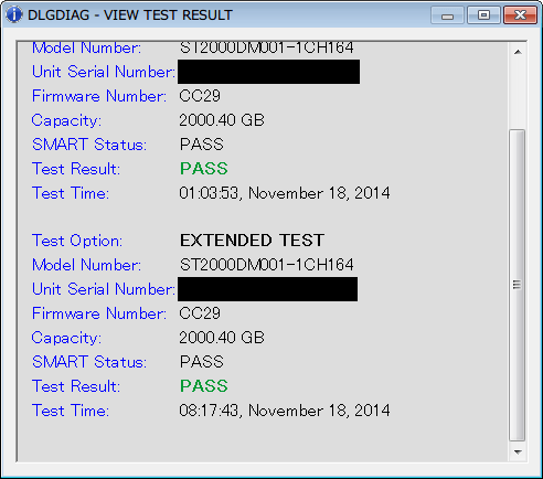Seagate HDD ST2000DM001（Certified Repaired HDD） Data Lifeguard Diagnostic EXTENDED TEST PASS - VIEW TEST RESULT 1 回目