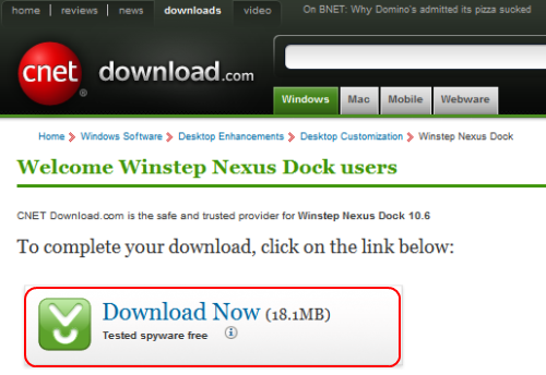 Winstep Nexus DockダウンロードページCnet