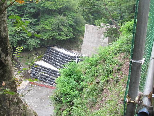 堤体予定地付近は吾妻川の水流を仮排水トンネル（右下のコンクリートがトンネル坑口）に迂回させ、川底を干上がらせている。