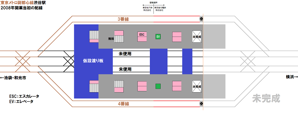 開業当初の副都心線渋谷駅の配線・設備配置図