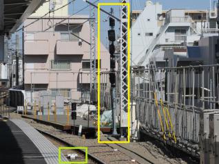 下りホーム（3・4番線）の渋谷方に設置された出発用信号機（黄）とATC地上子（緑）。